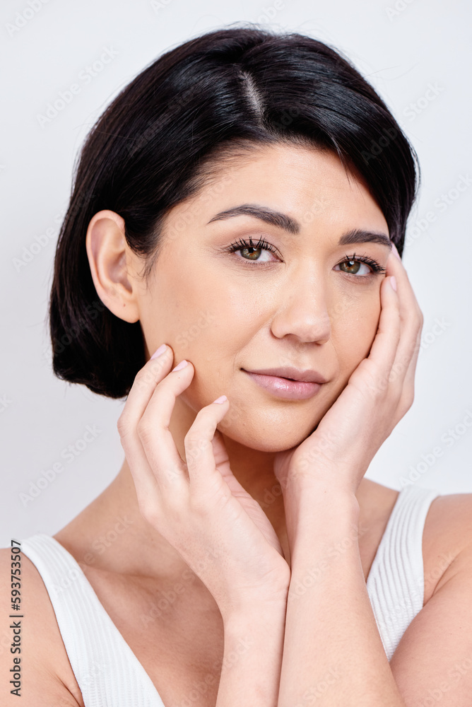Beauty Portrait of Female Model with Black Bob Haircut Smiling Beauty Portrait of Female Model with Black Bob Haircut Smiling