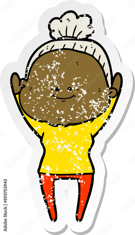 distressed sticker of a cartoon happy old woman distressed sticker of a cartoon happy old woman