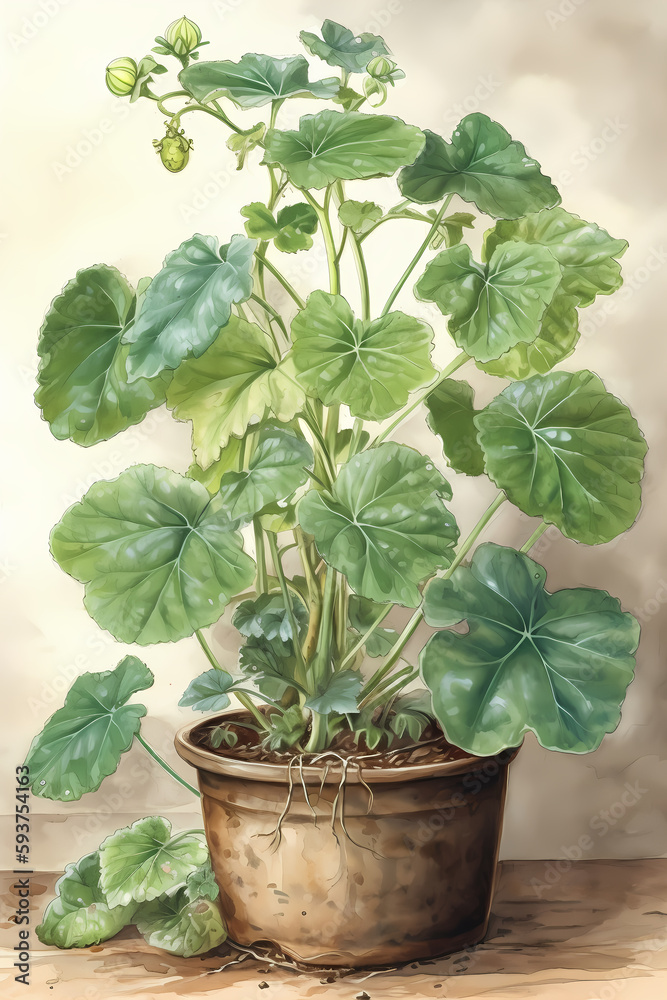 Botanical Watercolor Illustration of Cucumber in Pot. Generative AI