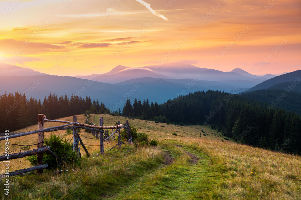 Utterly spectacular view of the sunset over the mountain ranges. Carpathian mountains, Ukraine.