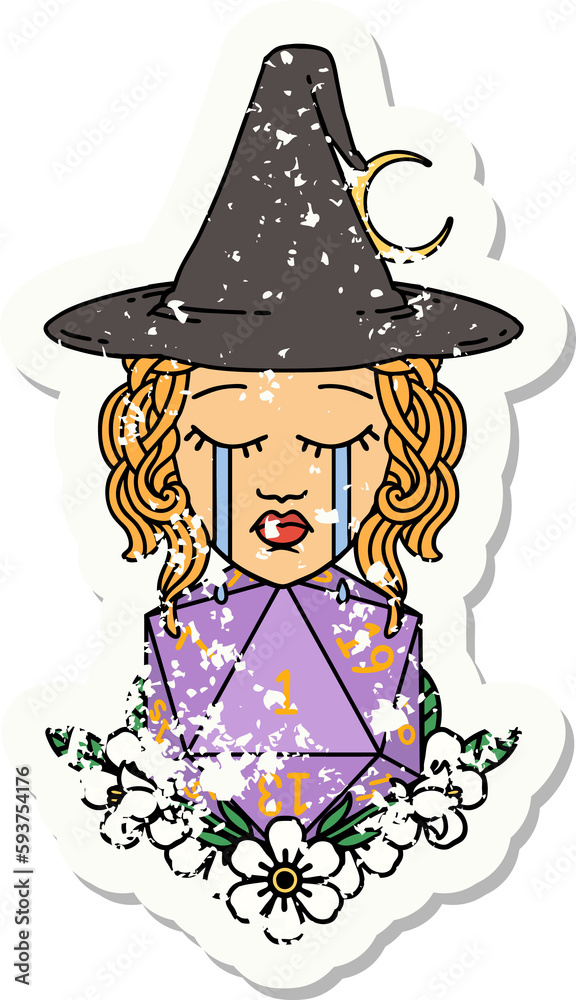 crying human witch with natural one D20 dice roll grunge sticker