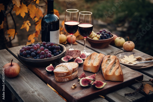 Glasses with red wine, bread, cheese, grape, jamon served for picnic on wooden table outdoors, closeup. Cloudy autumn day. Made with Generative AI