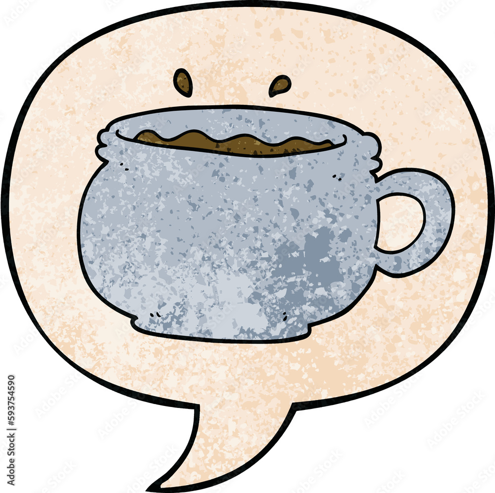 cartoon hot cup of coffee and speech bubble in retro texture style cartoon hot cup of coffee and speech bubble in retro texture style