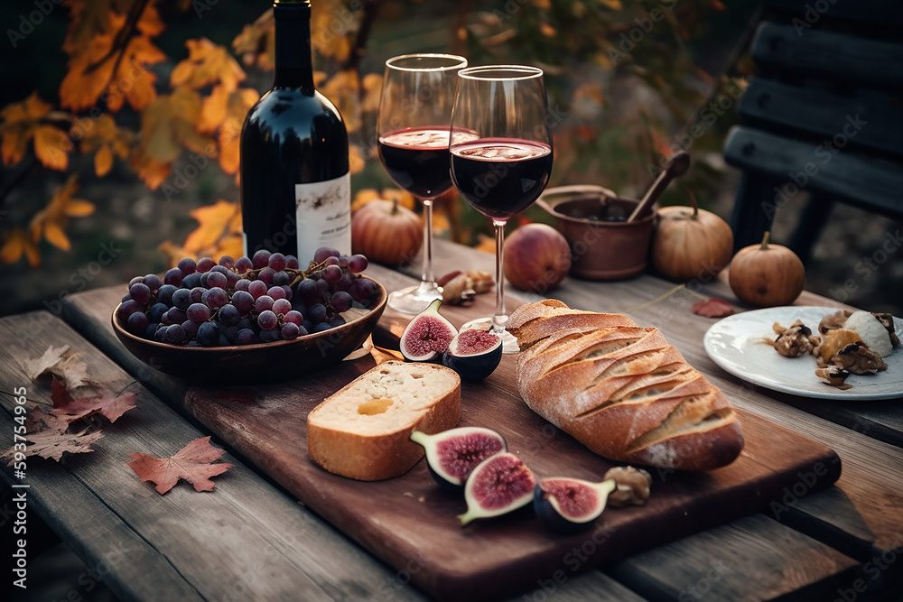 Glasses with red wine, bread, cheese, grape, jamon served for picnic on wooden table outdoors, closeup. Cloudy autumn day. Made with Generative AI