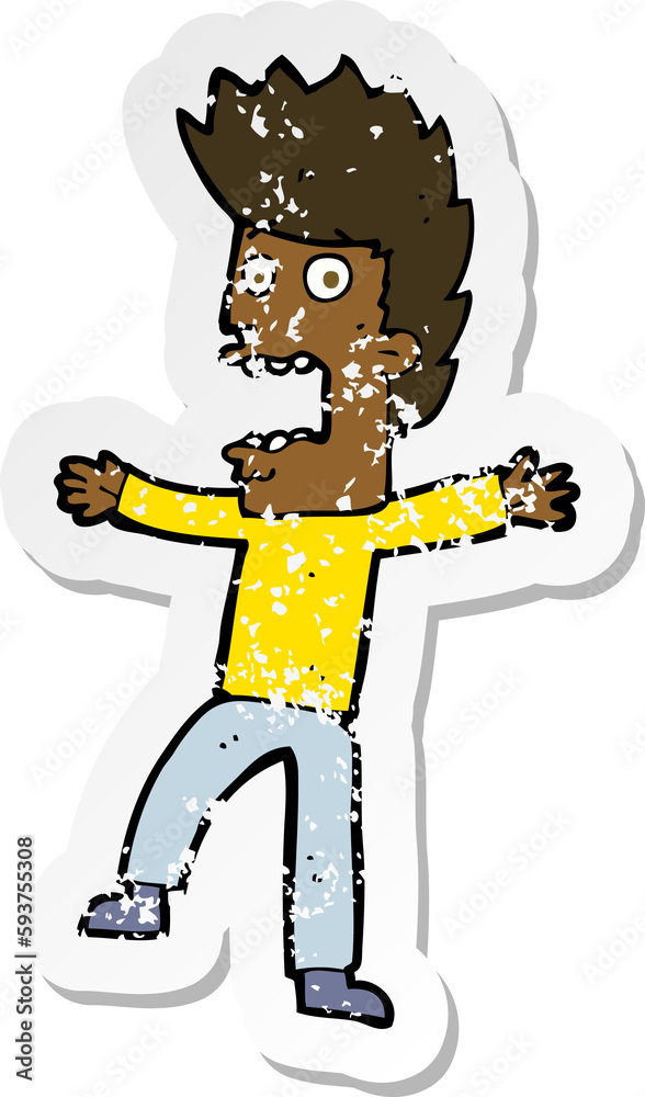 retro distressed sticker of a cartoon terrified man retro distressed sticker of a cartoon terrified man