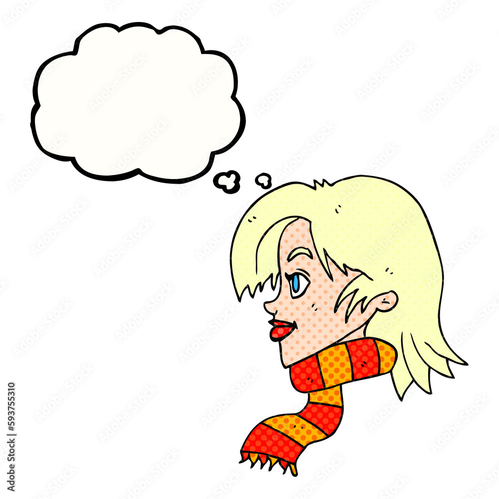 thought bubble cartoon woman wearing scarf thought bubble cartoon woman wearing scarf