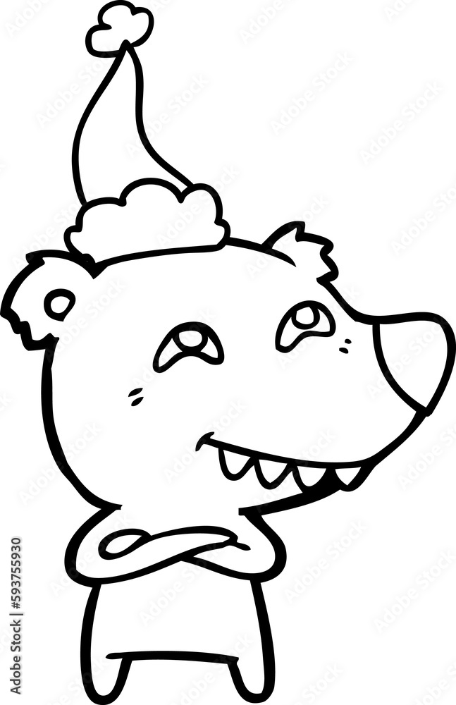 line drawing of a bear showing teeth wearing santa hat line drawing of a bear showing teeth wearing santa hat