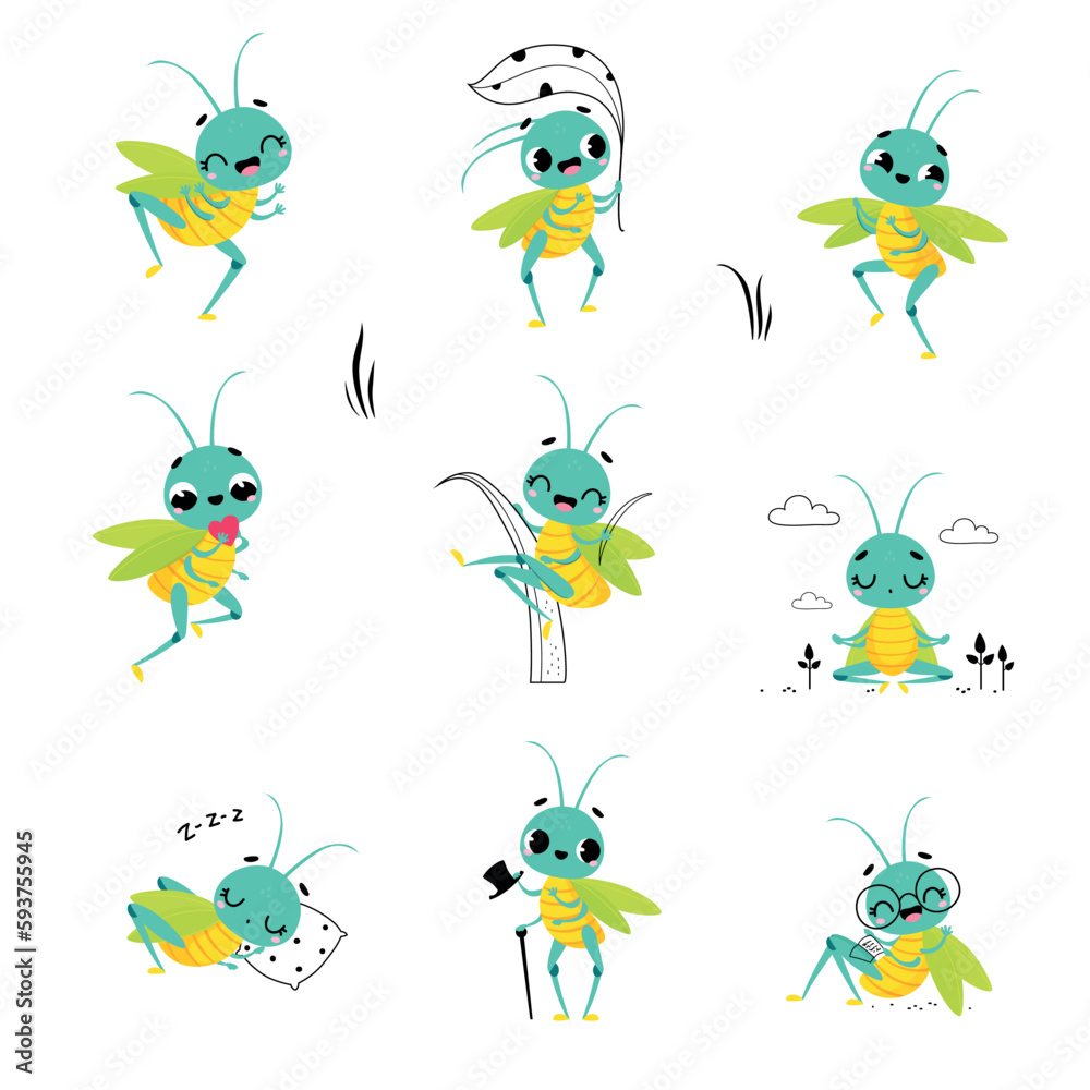 Cute grasshopper in its everyday activities set. Funny insect cartoon character jumping, sleeping and meditating vector illustration Cute grasshopper in its everyday activities set. Funny insect cartoon character jumping, sleeping and meditating vector illustration