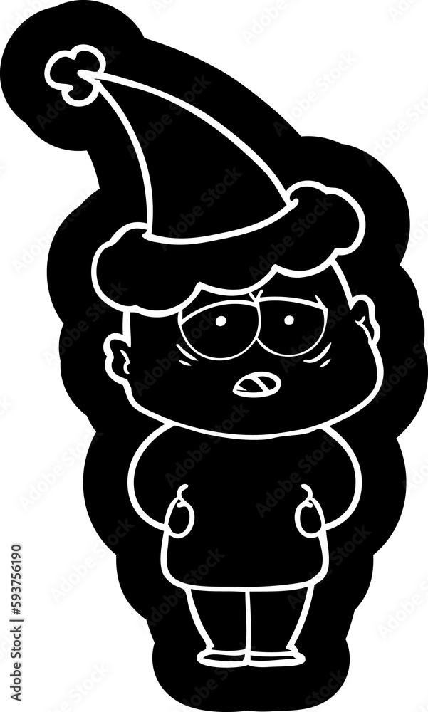 cartoon icon of a tired bald man wearing santa hat