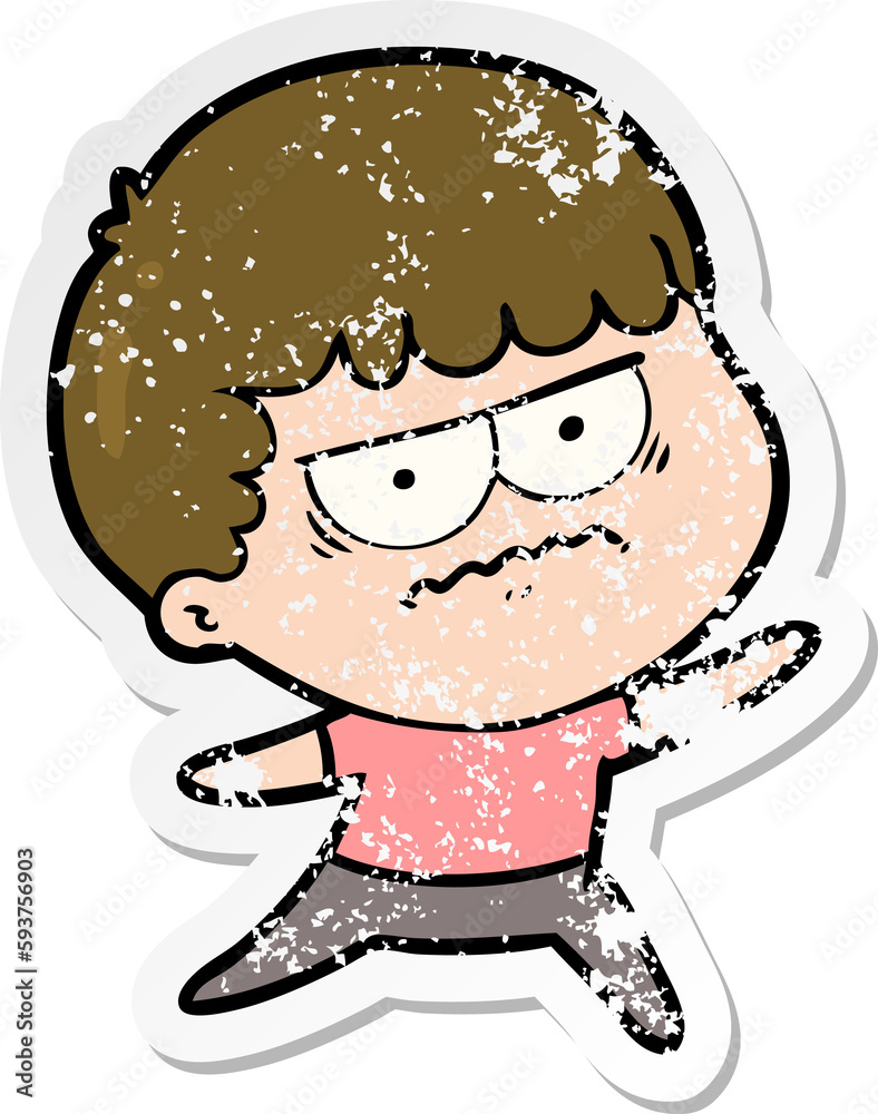 distressed sticker of a cartoon annoyed man distressed sticker of a cartoon annoyed man