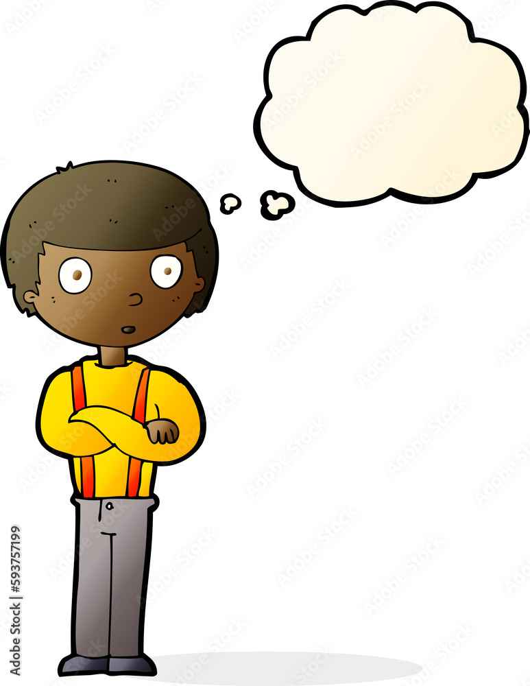 cartoon staring boy with thought bubble