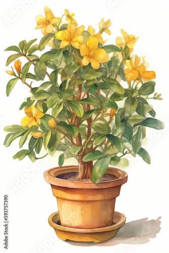 Botanical Watercolor Illustration of Golden Trumpet in Pot. Generative AI