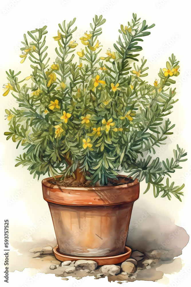 Botanical Watercolor Illustration of Gorse in Pot. Generative AI