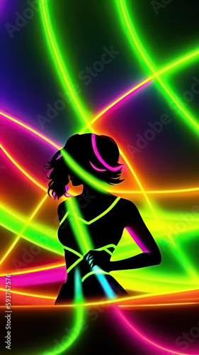 A vibrant night scene of girl illuminated in a rainbow of colors