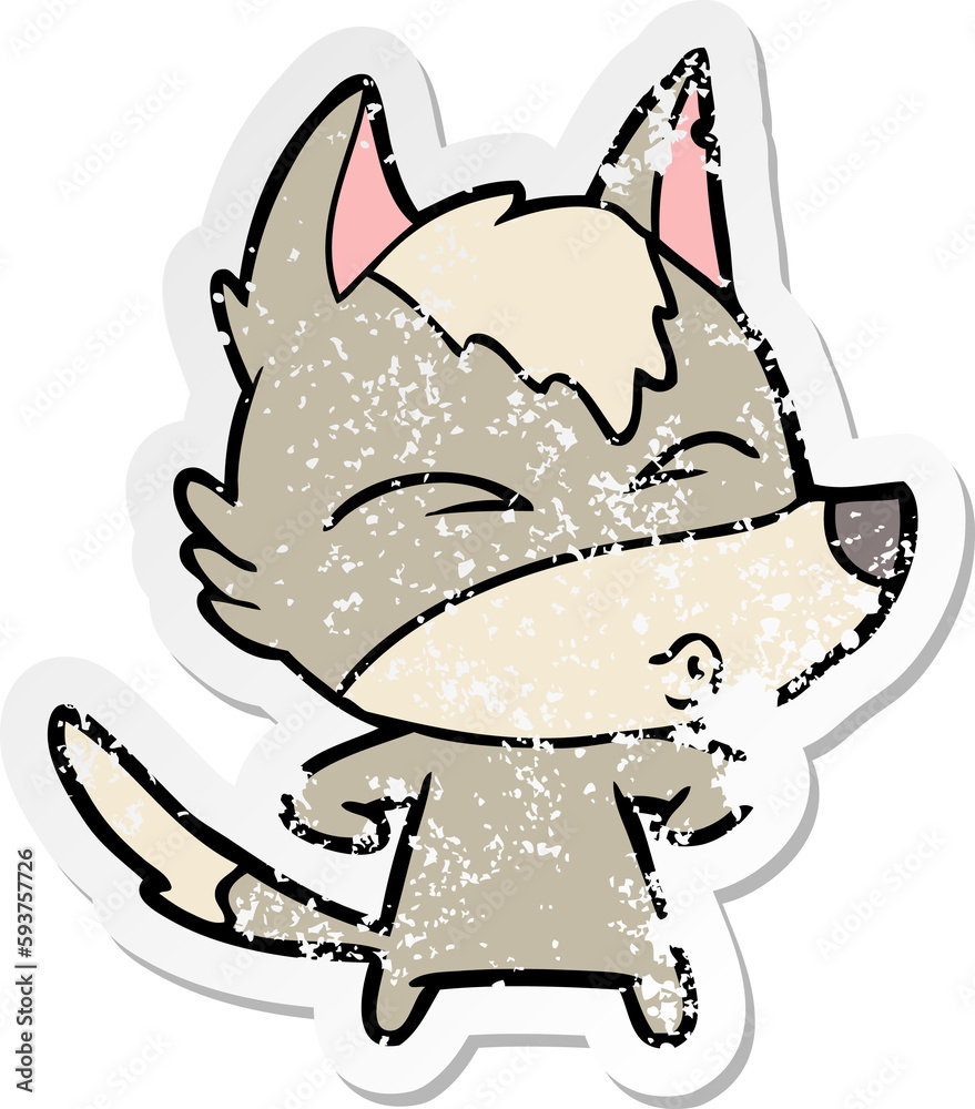 distressed sticker of a cartoon wolf whistling distressed sticker of a cartoon wolf whistling