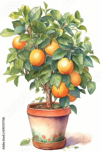 Botanical Watercolor Illustration of Grapefruit in Pot. Generative AI