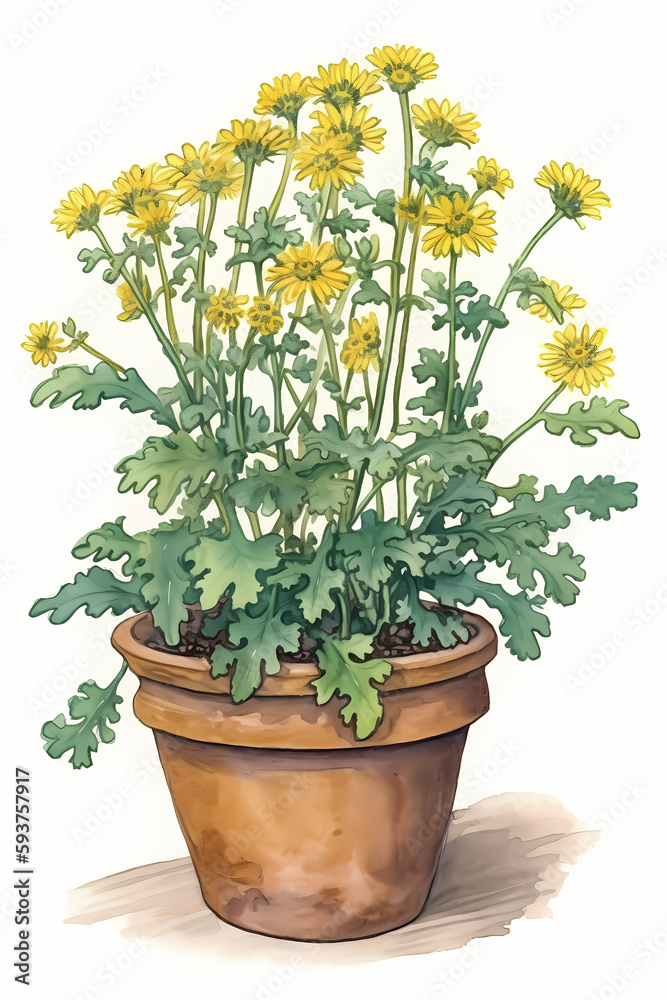 Botanical Watercolor Illustration of Groundsel in Pot. Generative AI