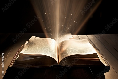 Open book with ray of light coming out created with Generative AI technology.