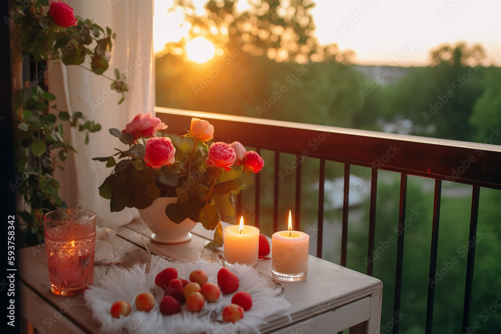Table with burning candles, tea or wine, flowers, fruit on balcony on summer. Cosy summer evening with warm retro light. Made with Generative AI