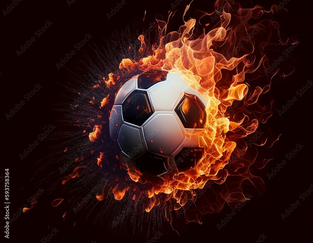 Naklejka premium A soccer ball with a fiery tail like a meteor on a black background. Generative AI.