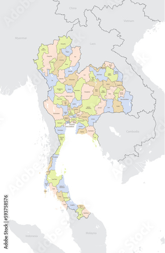 Detailed map of Thailand with administrative divisions and borders of neighboring countries, vector illustration on white background, white,