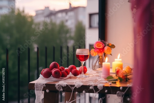 Table with burning candles, tea or wine, flowers, fruit on balcony on summer. Cosy summer evening with warm retro light. Made with Generative AI