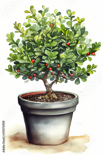 Botanical Watercolor Illustration of Japanese Holly in Pot. Generative AI