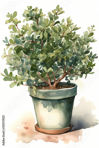 Botanical Watercolor Illustration of Japanese Holly in Pot. Generative AI