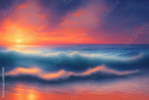 Ocean at sunset, watercolor tropical landscape with orange clouds, photo-realistic, ultra-realistic, highly detailed - generative ai
