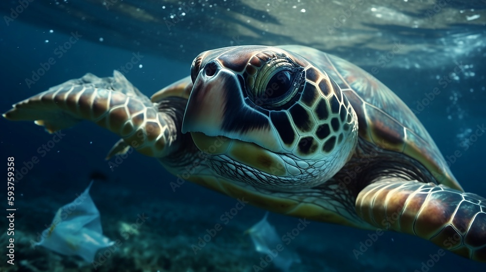 Obraz premium Plastic waste in the ocean has become a pressing environmental issue, with turtles often mistaking plastic bags for jellyfish and consuming them. Generative AI