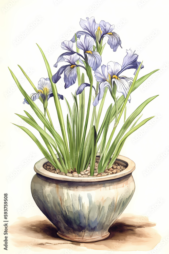 Botanical Watercolor Illustration of Japanese Water Iris in Pot. Generative AI