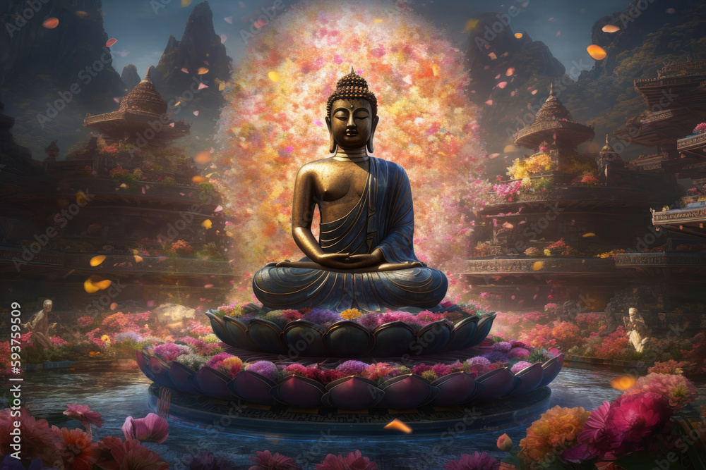 Meditating Buddha Sakyamuni on vibrant lotus platform with radiant flowers - obrazy, fototapety, plakaty 
