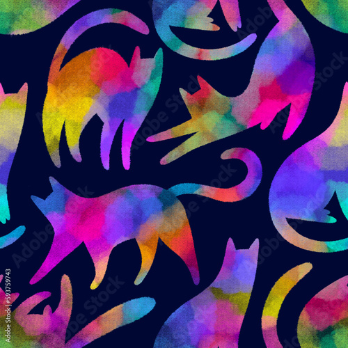 Seamless pattern with colorful cats on blue background. Silhouettes of cats. (ID: 593759743)