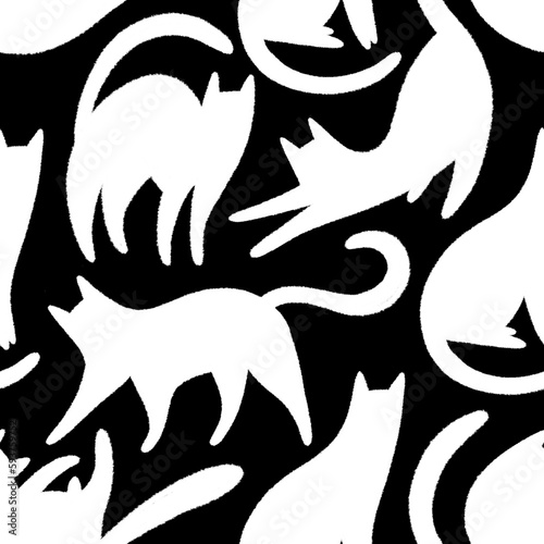 Seamless pattern with white cats on black background. Silhouettes of cats. (ID: 593759752)