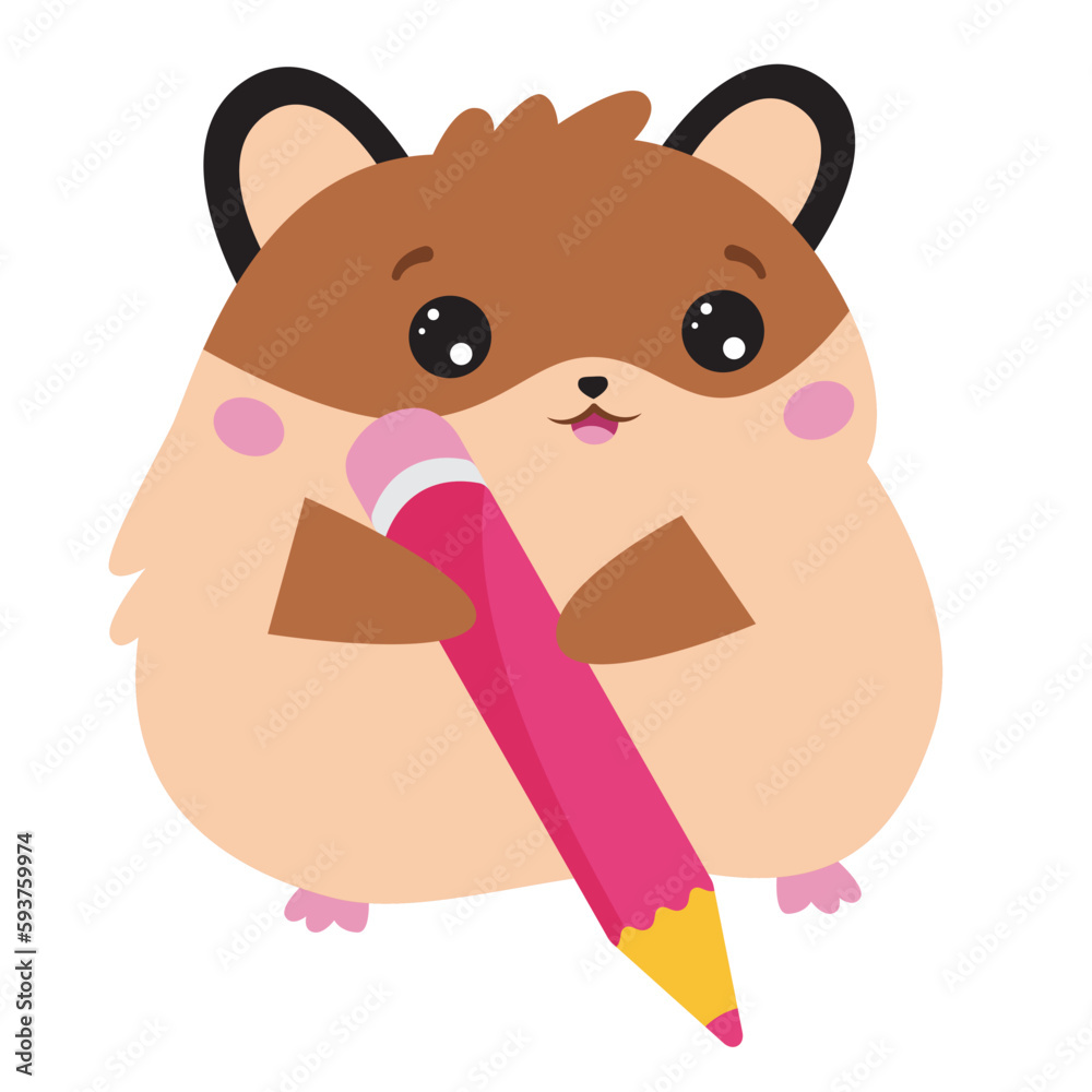 Obraz premium Cute kawaii hamster with pencil on white background. Cartoon pet. Hamster drawing. Vector illustration.