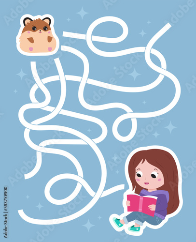 Maze game with cute hamster and girl. Cartoon kawaii pet. Printable worksheet with labyrinth. Educational game. Girl reading a book. Vector illustration.