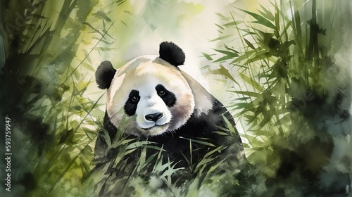  In this watercolor painting, a majestic panda is depicted in all its glory
