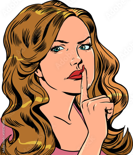 Peace and quiet in the room. The need to keep a secret. Girl showing silence sign