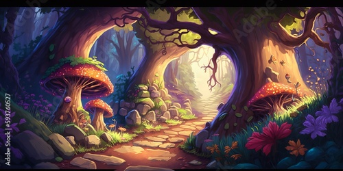 a painting of a path through a forest with mushrooms