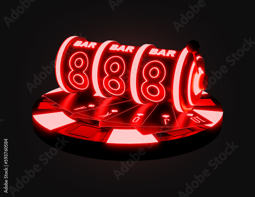 Casino chip with neon light and dark background. casino mix slot machine roulette dice set card chips. Casino Gambling Concept. 3d rendered illustration