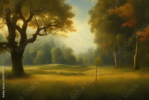 Oil painting rural landscape with trees  field. Fine art  artwork - generative ai