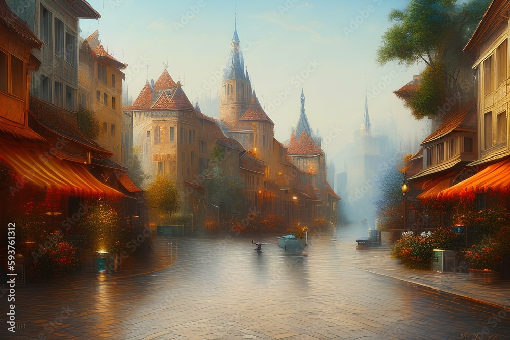 Oil painting, calming eastern cityscape painting. Abstract painting - generative ai