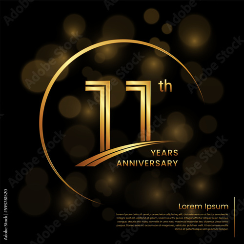 11th Anniversary logo design with double line numbers. Golden anniversary template. Vector Logo Template
