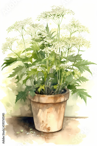 Botanical Watercolor Illustration of Meadowsweet in Pot. Generative AI