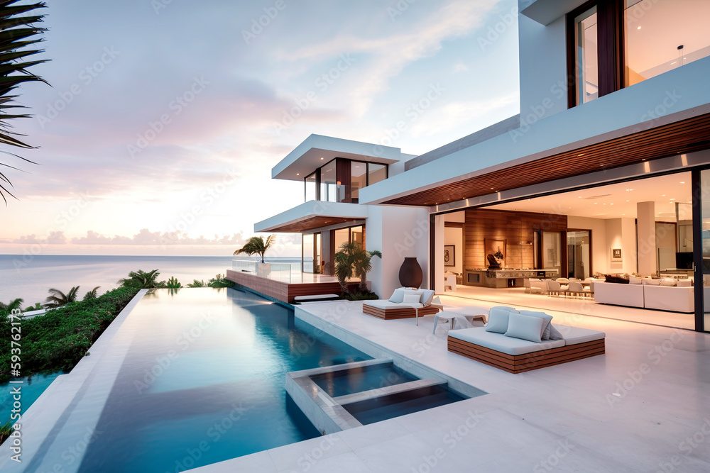 Sea view.Luxury modern white beach hotel with swimming pool. Sunbed on sundeck for vacation home or hotel. Generative ai Edited Sea view.Luxury modern white beach hotel with swimming pool. Sunbed on sundeck for vacation home or hotel. Generative ai Edited