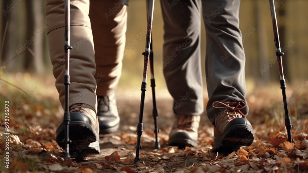 elderly retired couple walks along path in mountains with backpacks and trekking poles, created with Generative AI Technology elderly retired couple walks along path in mountains with backpacks and trekking poles, created with Generative AI Technology