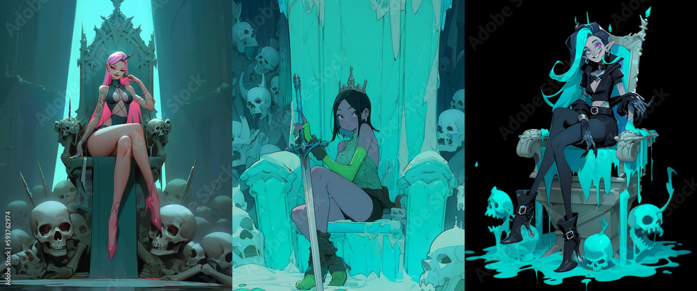 illustration of a mystic and evil queen girl siting on a throne, collection