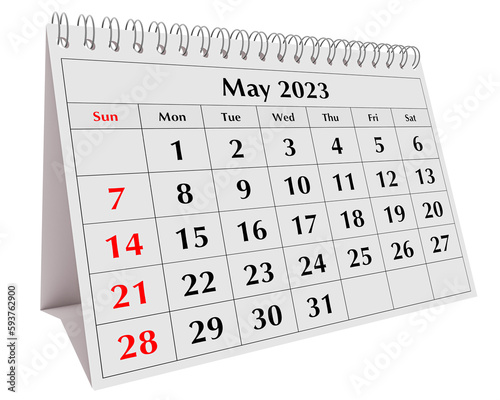 Page of the annual business desk monthly calendar isolated. Date - month May 2023
