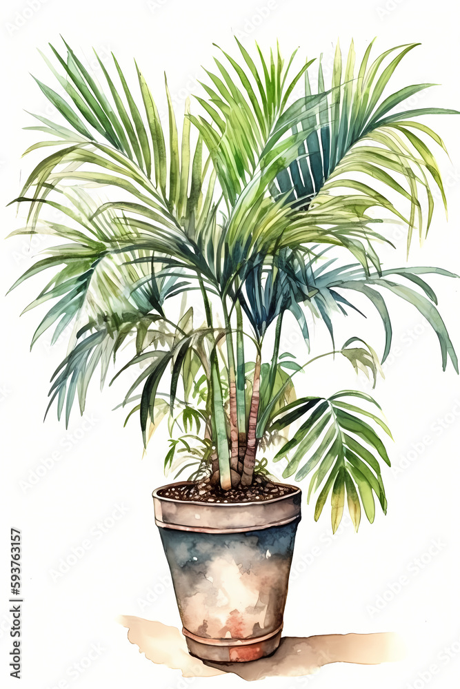 Obraz premium Botanical Watercolor Illustration of Palm in Pot. Generative AI