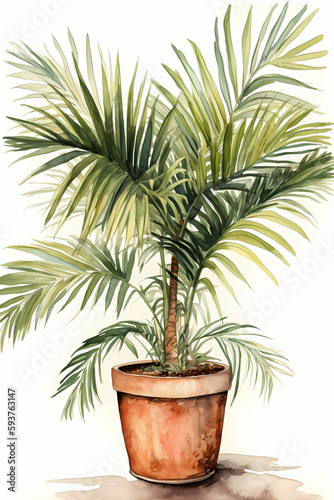 Botanical Watercolor Illustration of Palm in Pot. Generative AI